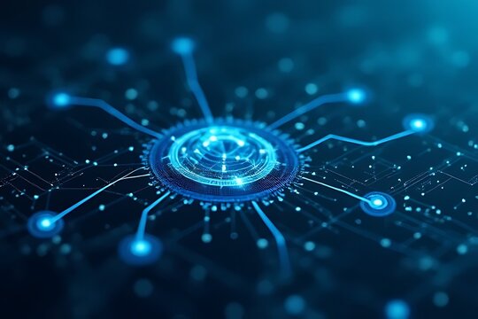 blue glowing central node connects to a technological network system. - Powered by Adobe