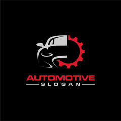 automotive logo design with car, speedometer and gear