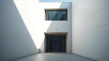 Obraz premium A minimalist architectural photograph showcasing a modern building with clean, straight lines and geometric shapes, emphasizing light and shadow, in a low-key style, using a wide-angle lens .