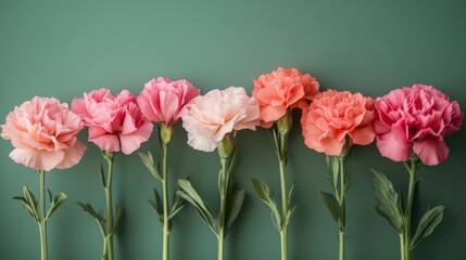 Fototapeta premium Colorful variety of carnations arranged on a green background in a beautifully organized line
