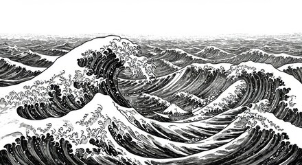 Japanese-style woodblock print, turbulent ocean waves, dramatic stormy sea, black and white illustration, high contrast, detailed linework, swirling water patterns, foamy crests, dynamic motion, nauti