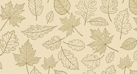 Fototapeta premium Botanical illustration, autumn leaves, hand-drawn style, sepia tones, repetitive pattern, oak leaves, maple leaves, vintage aesthetic, nature sketch, beige background, delicate line work, scientific i