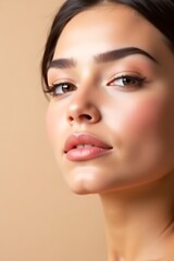 Fototapeta premium Close-up portrait of a young woman with flawless skin and subtle makeup.