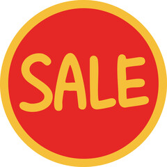 赤と黄色で目立つ丸いSALEの文字シール 手書きのベクターイラスト
