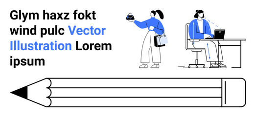 Businesswoman holding coffee and files, seated office worker on laptop, large horizontal pencil graphic. Ideal for education, productivity, writing, office culture, design, creativity flat landing