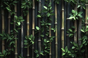 Obraz premium A wall of bamboo stalks with green leaves on the sides, creating an exotic and natural background. The texture is detailed and realistic, showcasing lush greenery against dark wood textures.