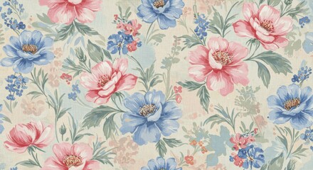 Vintage floral pattern, delicate watercolor roses, soft pastel colors, blue cornflowers, seamless repeat design, romantic botanical illustration, shabby chic aesthetic, light cream background, dreamy 