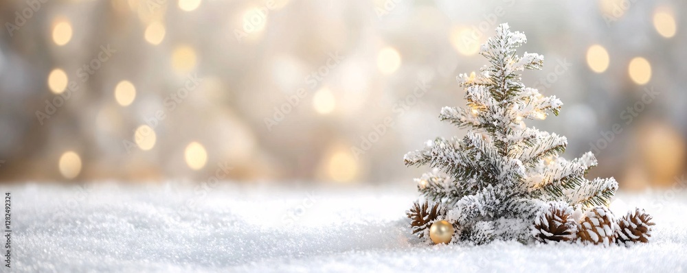 Poster small christmas tree with pine cones on snowy surface with golden bokeh lights