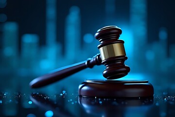 gavel rests on a sound block with a futuristic cityscape backdrop.