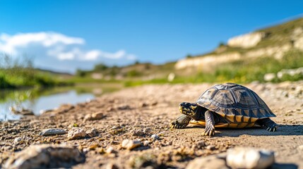Obraz premium Tortoise rests peacefully with an octopus shadow, embodying solitude and calm joy. 