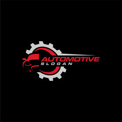 automotive logo design with car, speedometer and gear