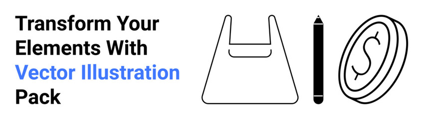 Bag, pen, and coin icons representing e-commerce, shopping, art tools, and financial transactions. Ideal for branding, design e-commerce business creativity finance. Flat landing page banner