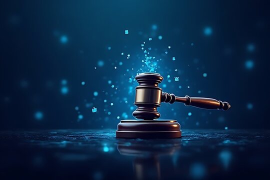 Gavel stands amidst digital particles, representing justice in technology era.