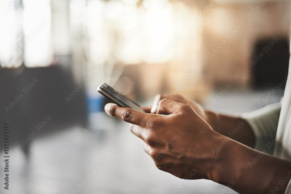 Poster hands, phone and texting on break at gym with contact, training or web chat at fitness class. person