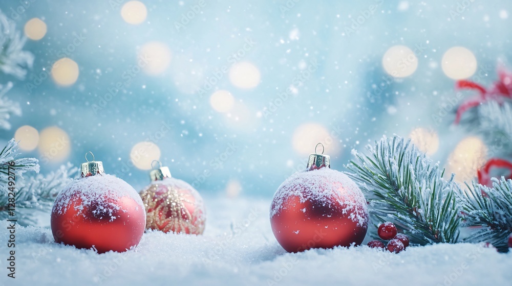 Poster red christmas balls and snowy pine branches creating festive atmosphere
