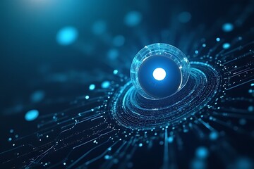 glowing core is surrounded by intricate digital circuits in a blue network.