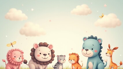 Fototapeta premium Cute baby wallpaper featuring cartoon animals like lions, a zebra, a bear, and a giraffe in a pastel-colored background with clouds and butterflies.