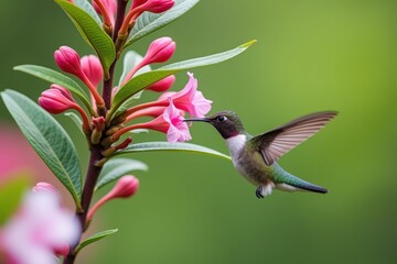 Fototapeta premium A Male Hummingbird Hovering Near Pink Flowers in a Vibrant Green Garden, Showcasing Its Colorful Plumage and Graceful Flight