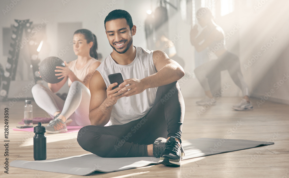 Poster fitness, phone and relax with man in gym to update app, social media or progress tracker. break, exe