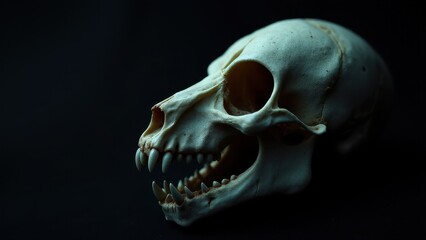 A detailed close-up of a bat skull with sharp teeth, set against a dark background.
