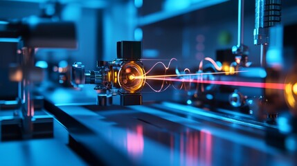 Two quantum computers linked by a glowing energy beam, symbolizing groundbreaking advancements in futuristic technology.

