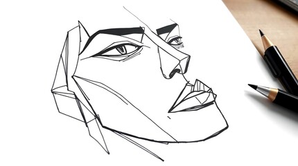 A minimalist line drawing of an abstract face with sharp, angular features, in black ink on white paper, using fine lines and geometric shapes, creating a sense of depth.