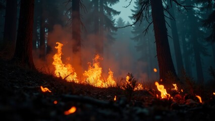 Obraz premium A blanket of fire spreads through the forest, engulfing the underbrush and trees in flames.