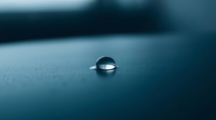 A minimalist photo of a single, perfectly formed droplet of water on a smooth, dark surface, reflecting a blurred light source, using a macro lens and emphasizing subtle textures.