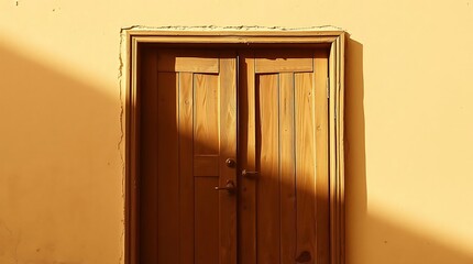A minimalist photograph in warm sepia tones, showing a weathered wooden door, with strong shadows and light, focus on texture and age, high contrast.