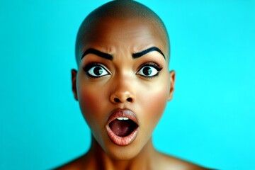 Commercial digital ads conceptual art art. Stunning very astounded black girl - for ads, avenue poster and social networks use. Short trim - bald head - no hair. Artistic black girl portrait.