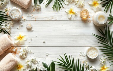 Background for an advertising banner with spa elements on a white wooden table, top view, flat lay, copy space concept stock photo. 