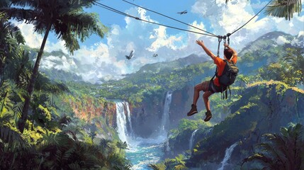 Adventure Seeker Riding Zip Line Over Breathtaking Waterfalls in Lush Green Jungle Paradise