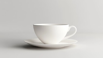 Empty white teacup and saucer on light gray background