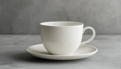 Empty white teacup and saucer on gray surface (1)