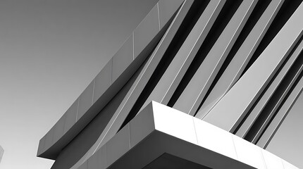Obraz premium A minimalist photographic image of a modern architectural structure, featuring sharp lines, stark shadows, and a neutral color scheme of grays and whites, shot from a low angle.