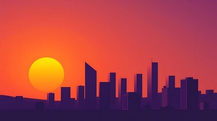 A minimalist vector illustration of a cityscape at sunset, simple geometric buildings, gradient orange and purple sky, clean lines, sharp angles.