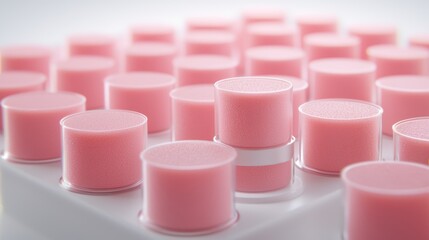 Pink cylindrical samples in array.