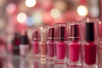 Row of nail polishes display diverse pink shades, creating beauty and aesthetic appeal.