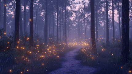 Fototapeta premium Enchanted Evening Forest Path with Glimmering Fireflies Illuminating a Misty Landscape at Dusk