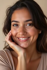 Smiling woman with dark hair rests her chin on her hand gracefully.