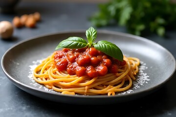 Spaghetti with tomato sauce and basil on a dark plate looks appetizing.