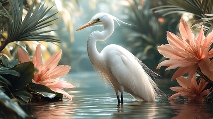Fototapeta premium Elegant white heron standing in tranquil water surrounded by lush tropical plants and flowers