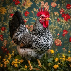 Rooster standing in a vibrant field of colorful flowers under bright sunlight