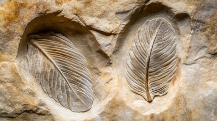 Prehistoric bird fossils with detailed feathers, revealing ancient life and evolution.
