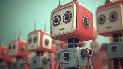 Fototapeta premium A line of vintage toy robots stand at attention together