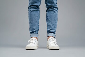 A pair of white sneakers and blue jeans, worn by an Asian male model against a gray background. The focus is on his feet with a low-angle shot, highlighting their details. 