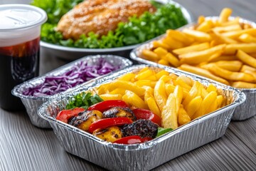 Variety of carton takeaway containers with food and drinks
