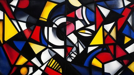 Abstract painting showcasing geometric shapes and primary colors