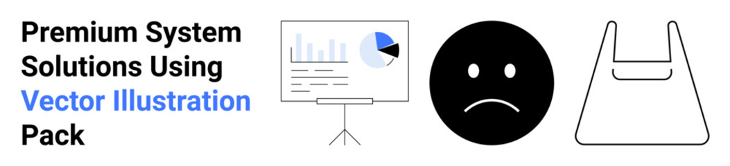 Presentation board with graphs, sad face circle, and outlined bag design. Ideal for data analytics, environmental messaging, emotional states, business solutions, education, marketing and flat