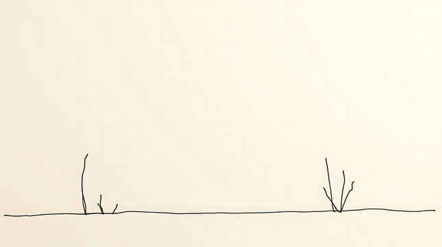 Minimalist line art depicting a simple, uncluttered scene, rendered in black ink on cream-colored paper, using only essential lines to convey form, with no shading.